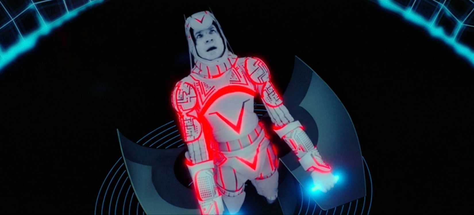 An armored Sark rears back in pain in a still from Tron (1982)