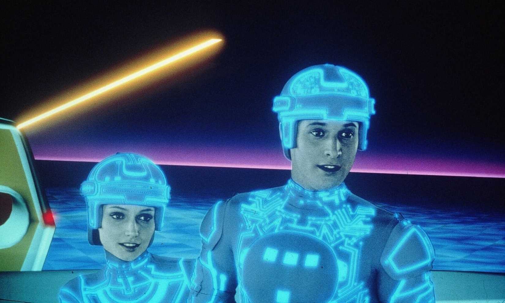 Live-action performers inhabit a computer world in a scene from the original Tron in 1982.