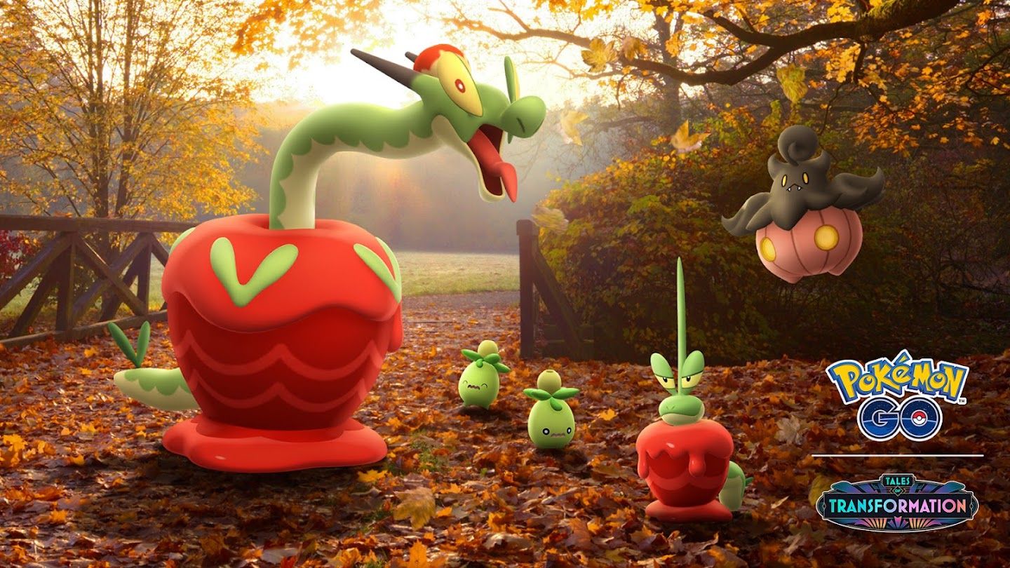 Applin, Hydrapple, Smoliv, and Pumpkaboo in some fall foliage in Pokémon Go.