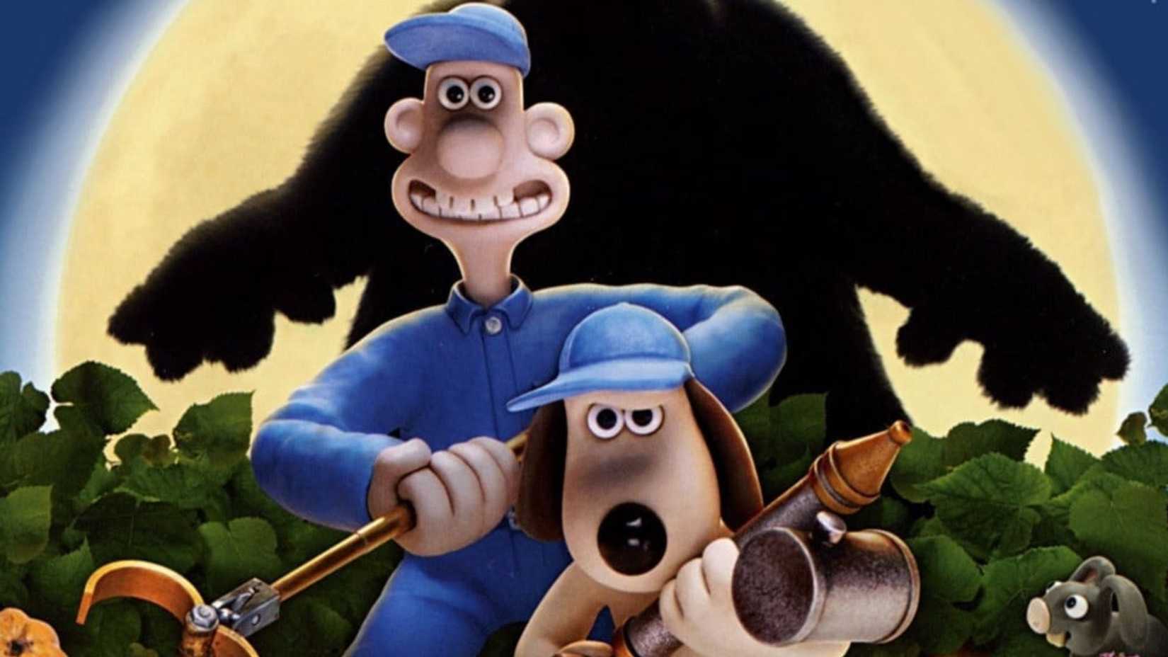 Key art from The Curse of the Were-Rabbit: the pair stand forebodingly with a rabbit-shaped shadow behind them.