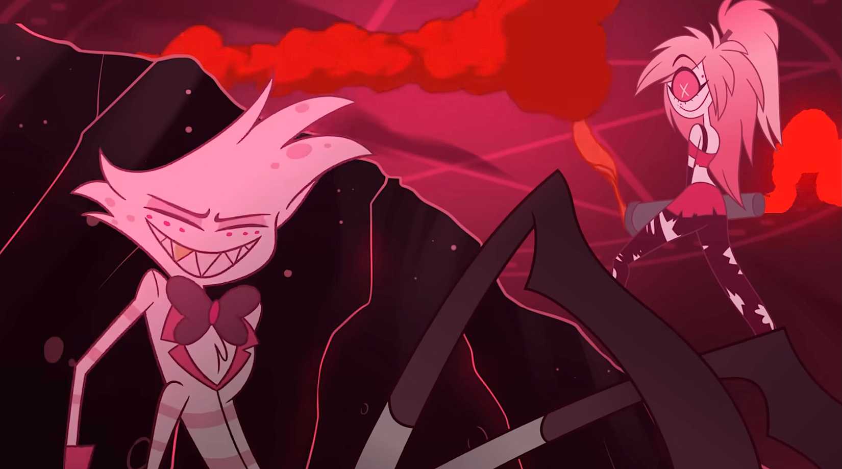 Angel Dust and Cherri Bomb in a battlefield scene from the Hazbin Hotel pilot