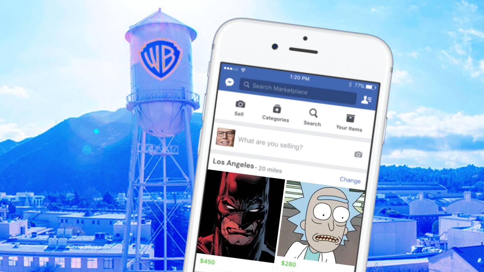 Batman and Rick up for sale on Facebook Marketplace with the WB water tower in the background