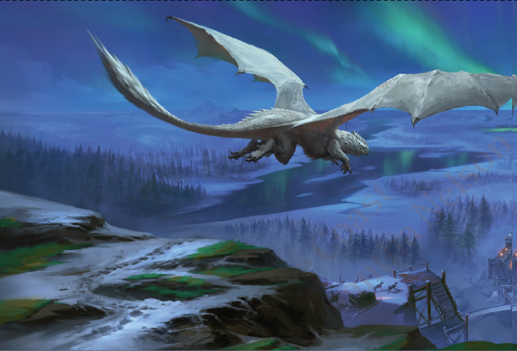 A white dragon flies over the Ten-Towns in Icewind Dale.