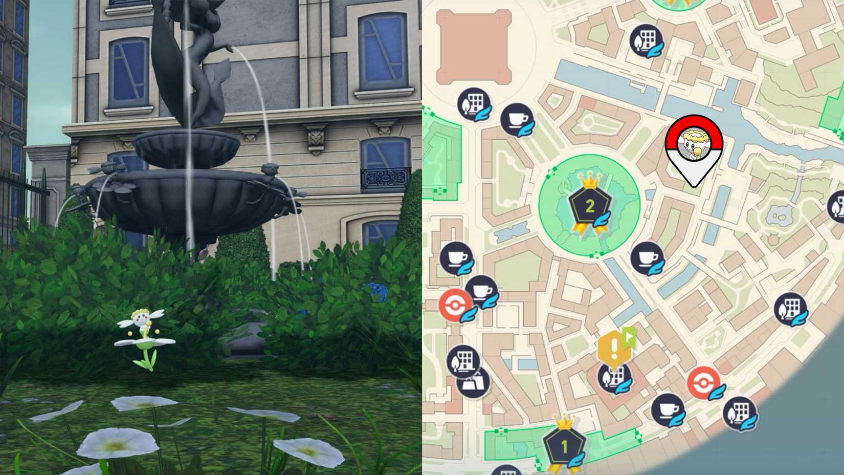 A white Flabebe waits next to a statue and white flowers in Pokémon Legends: ZA.