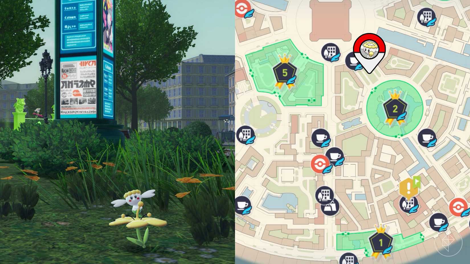 A yellow Flabebe sits on a patch of yellow flowers in Pokémon Legends: ZA.