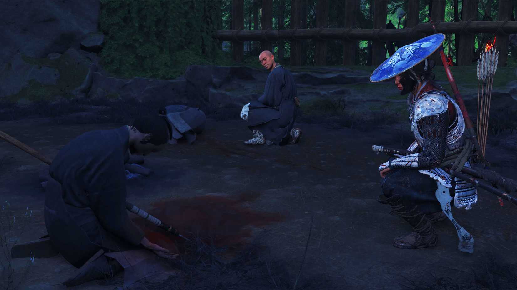 A Ghost of Yotei screenshot showing Atsu, and a healer near the body of a man killed by a spear left in his body