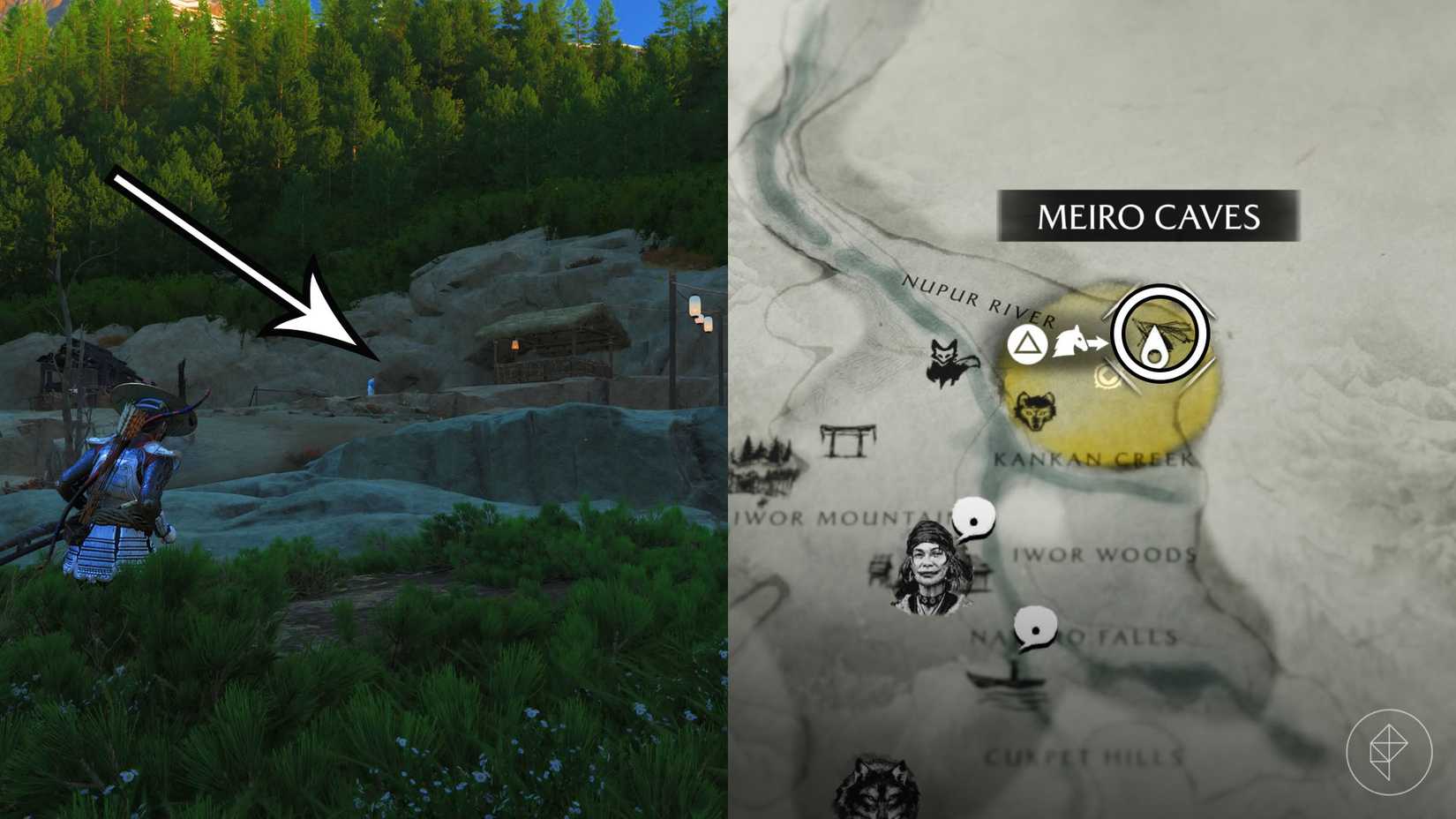 A montage of two Ghost of Yotei screenshots showing the location of the Meiros Cave