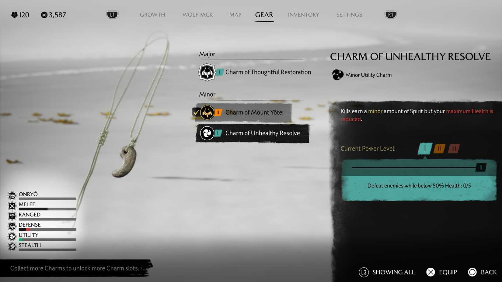 A Ghost of Yotei screenshot showing the details of the Charm of Unhealthy Resolve