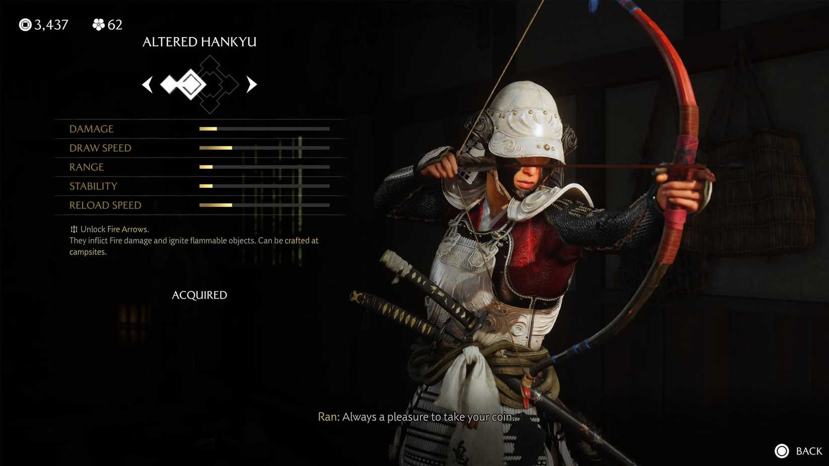 योती स्क्रीनशॉट का एक भूत जो परिवर्तित हांकयु धनुष और उसके आँकड़े दिखा रहा है