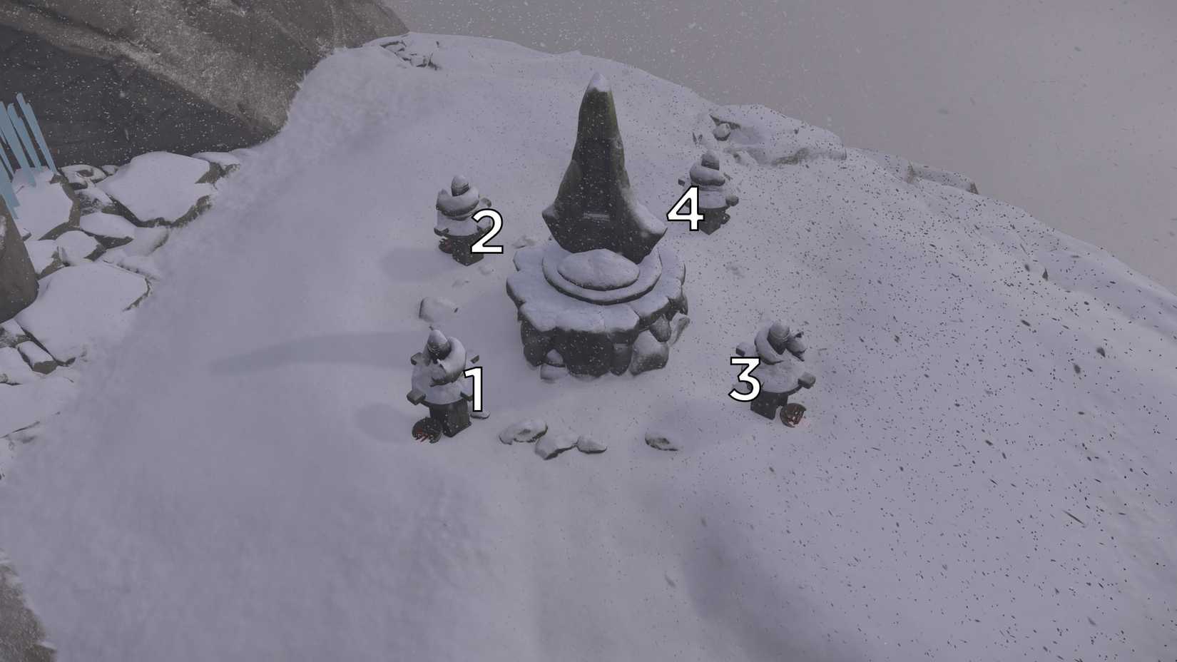 एक मोंटाज जो कि योती के भूत से करुणा का अवशेष और मुख्य स्तंभ के चारों ओर लोमड़ी की मूर्तियों को चिह्नित करता है।