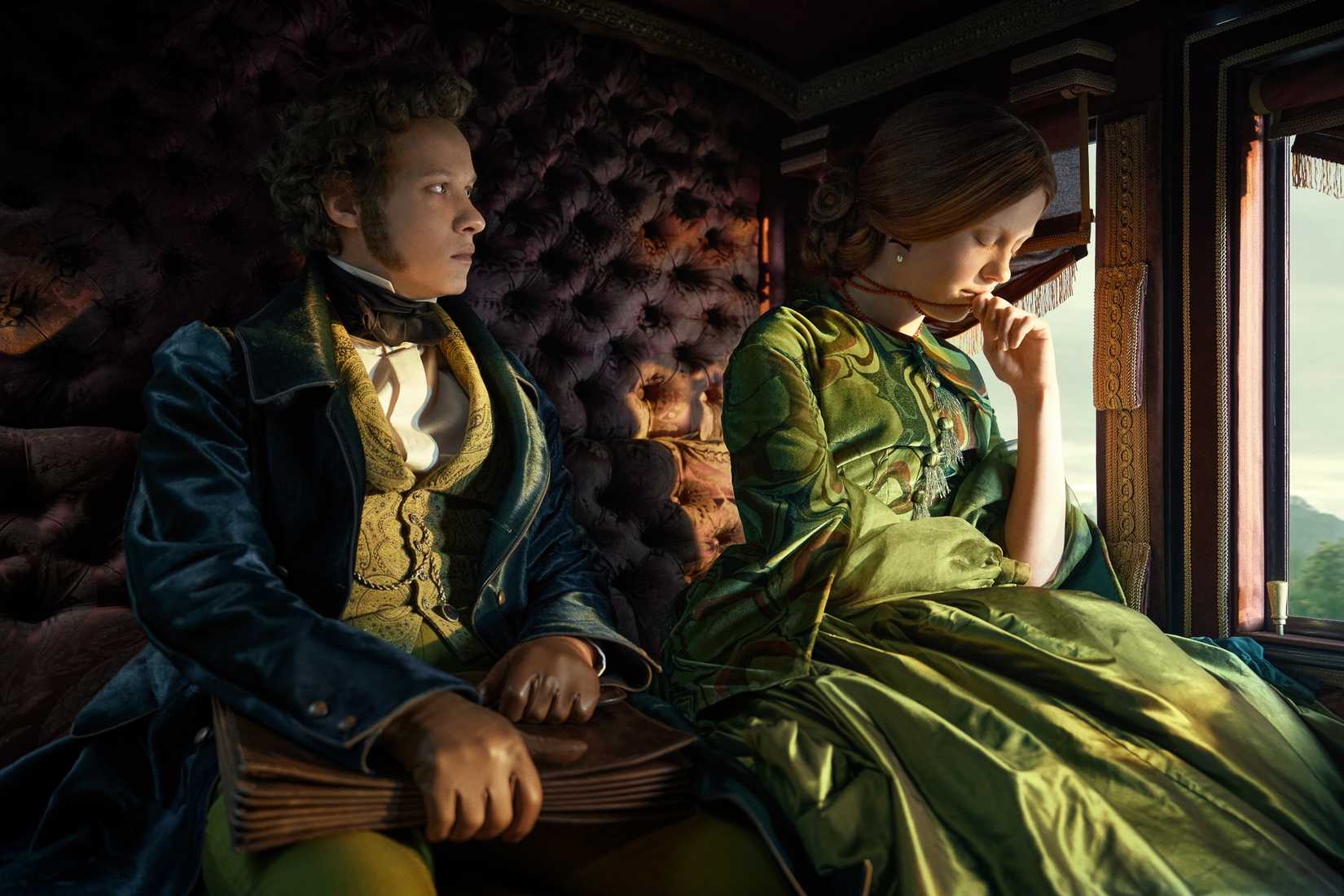 Mia Goth as Elizabeth and Felix Kammerer as William Frankenstein ride together in a carriage