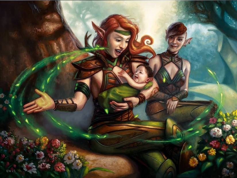 Arte representando dois elfos com um bebê elfo usado para a carta Magic: The Gathering chamada Llanowar Elves