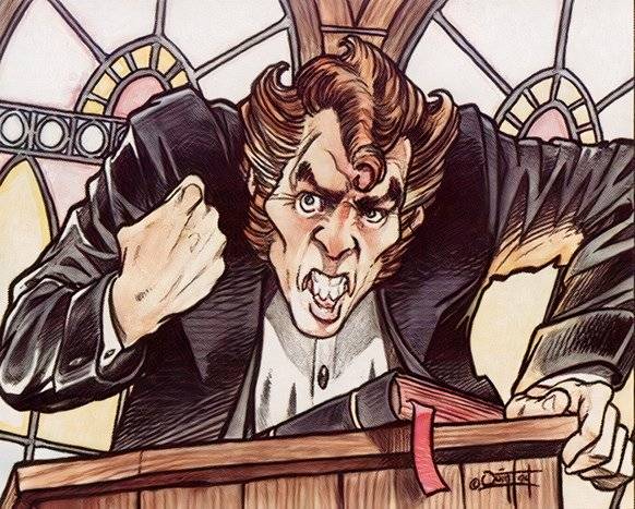 Art depicting an angry preacher at a pulpit.