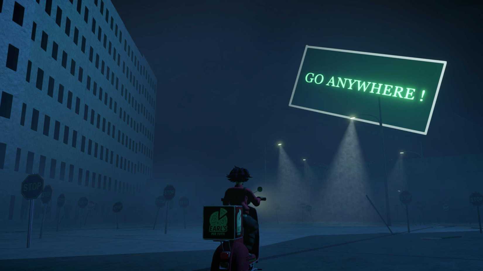 B riding her moped amongst a sea of stop signs juxtaposed with a sign saying "Go anywhere!"