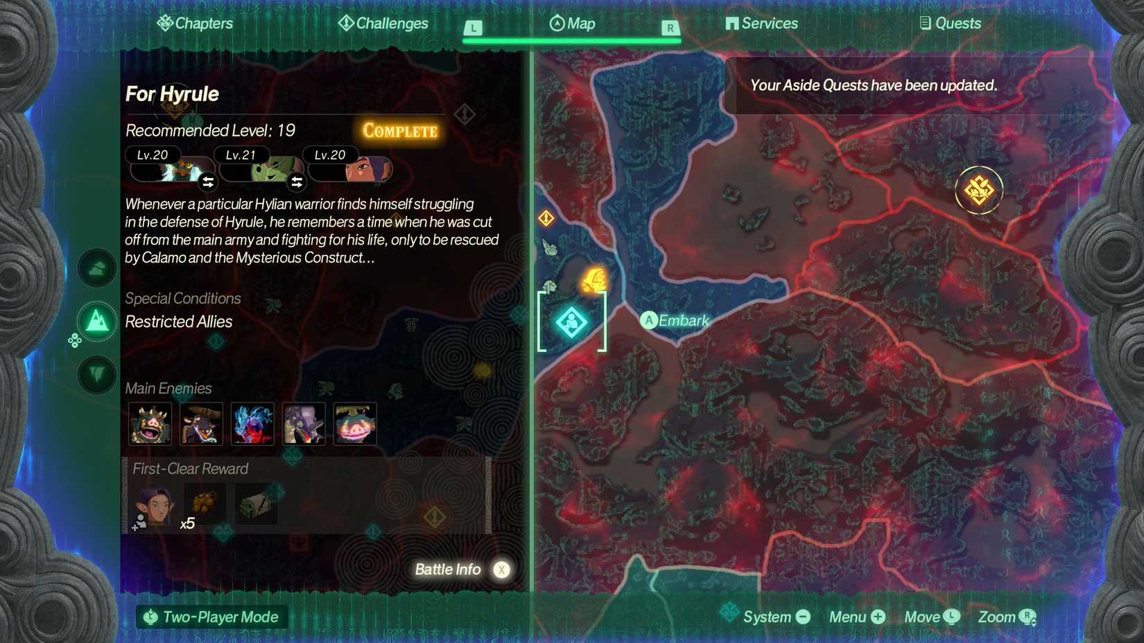 The For Hyrule quest screen, showing Quino as a reward in Age of Imprisonment