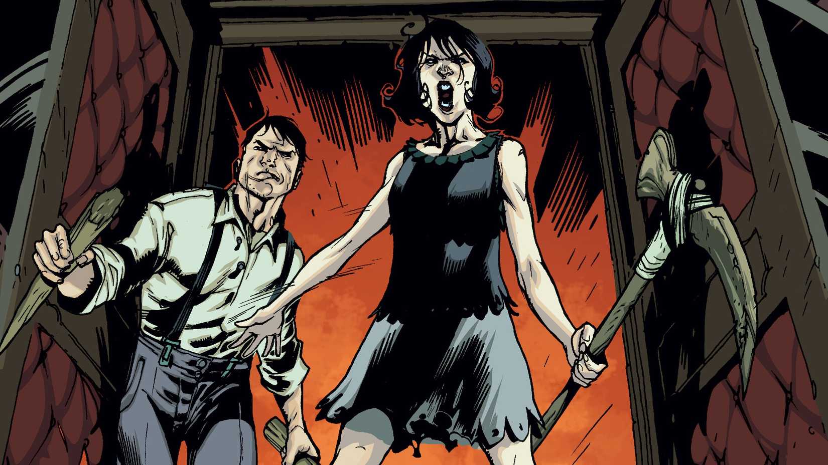 Henry Preston detém uma estaca e Pearl Jones segura uma foice em American Vampire