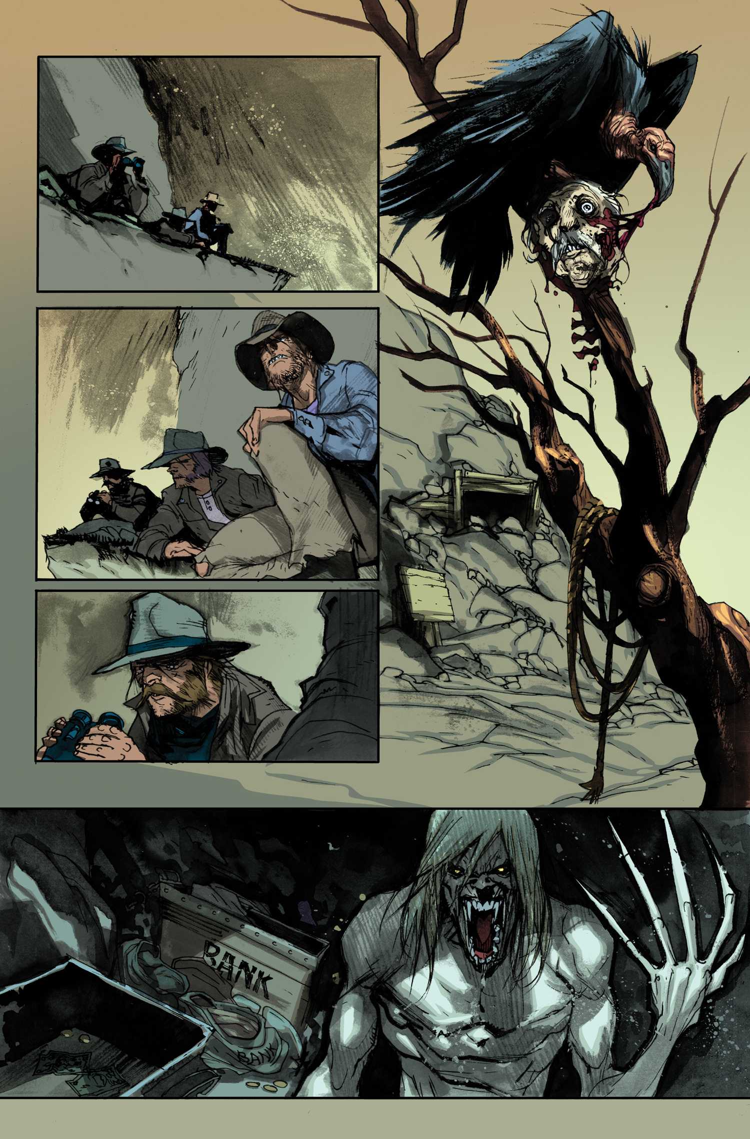 Um abutre pega uma caveira enquanto um grupo de homens observa uma mina abandonada onde o vampiro Skinner Sweet espera em American Vampire.