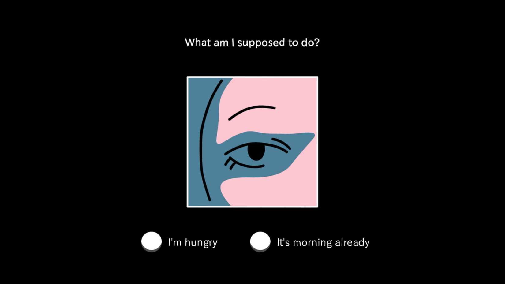 A screenshot from And Roger poses a question: "What am I supposed to do?" Option one is "I'm hungry," option two is "It's morning already."