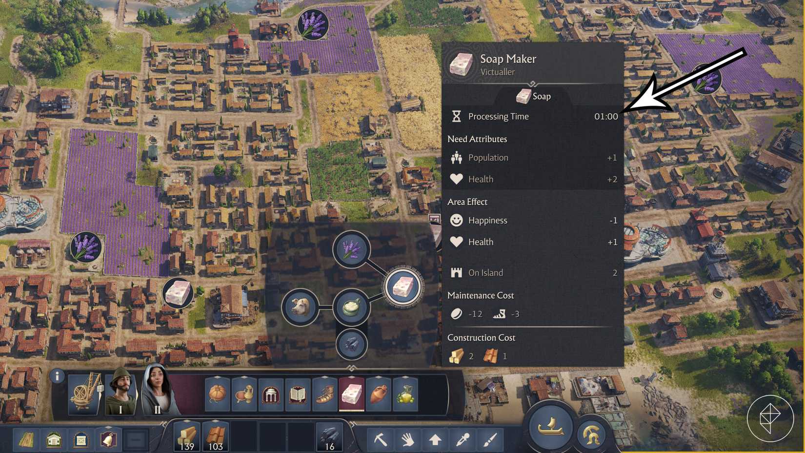 The soap production line and processing times in Anno 117: Pax Romana.