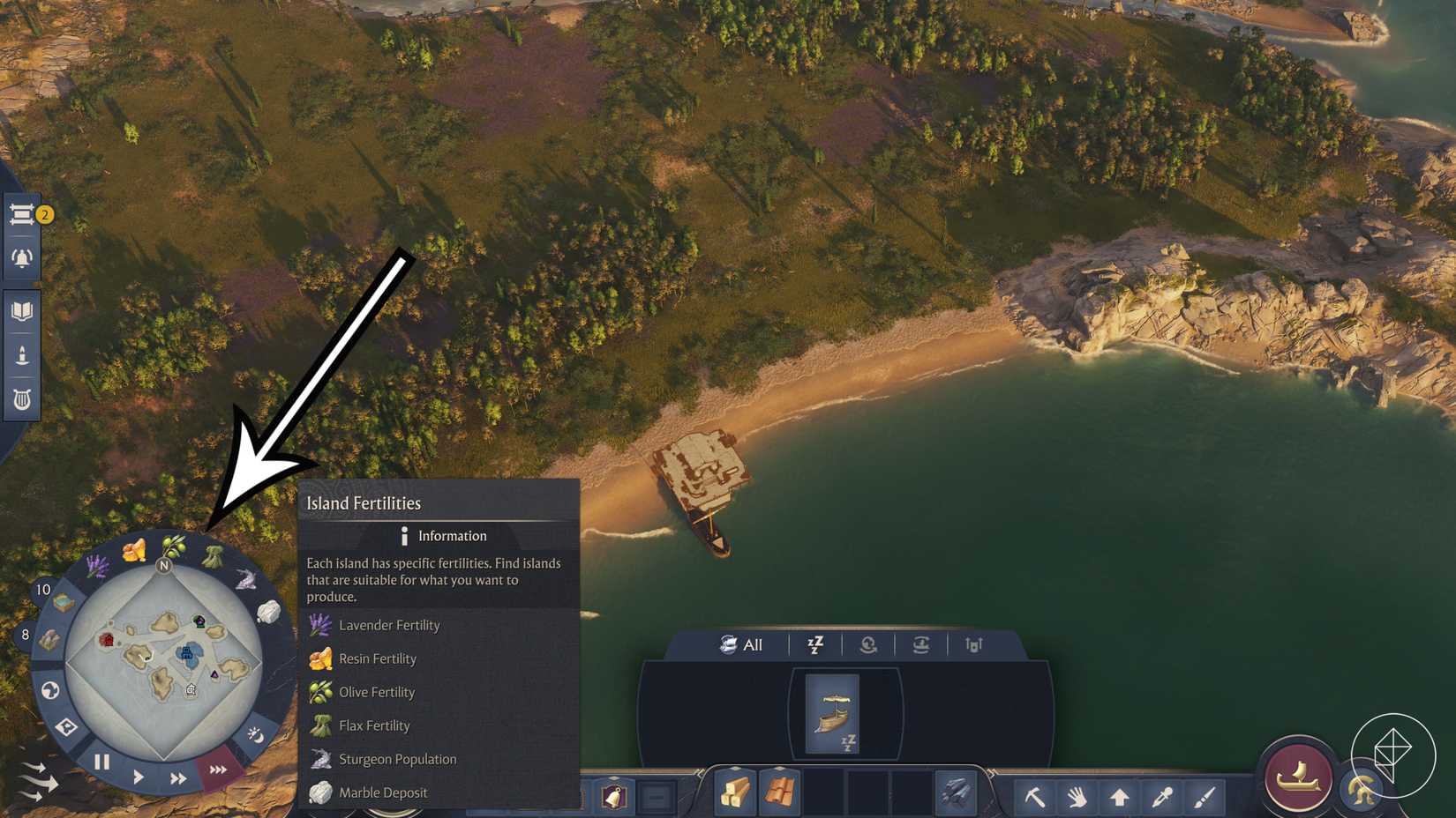 An arrow pointing out the island fertilities in Anno 117: Pax Romana.