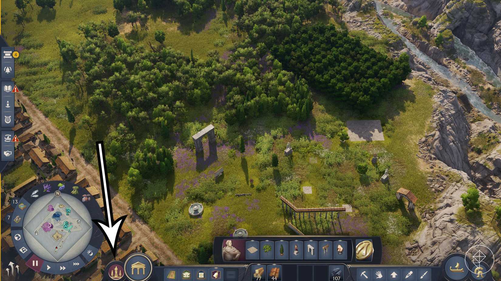 An arrow points to the ornamental menu in Anno 117: Pax Romana.