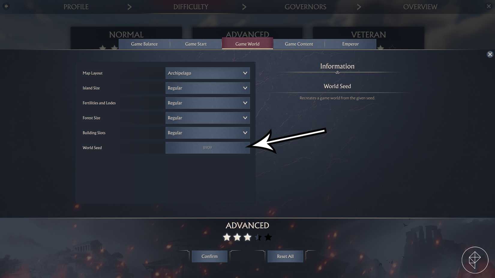 An arrow points to the world seed option in Anno 117: Pax Romana's settings.