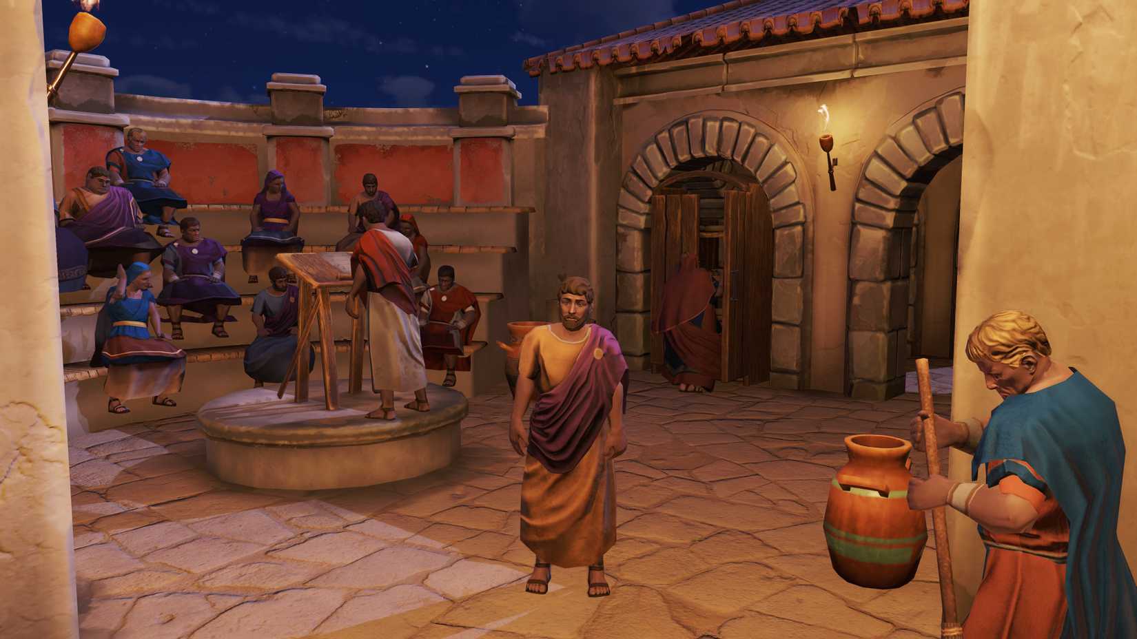 A player walking around in a Grammaticus building in Anno 117: Pax Romana's first-person mode.