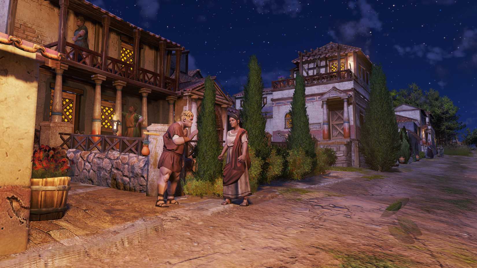 To people arguing at night as seen from a first-person perspective in Anno 117: Pax Romana.