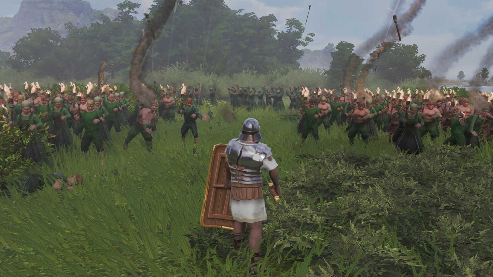 A player walking into a battle in Anno 117: Pax Romana's first-person mode.