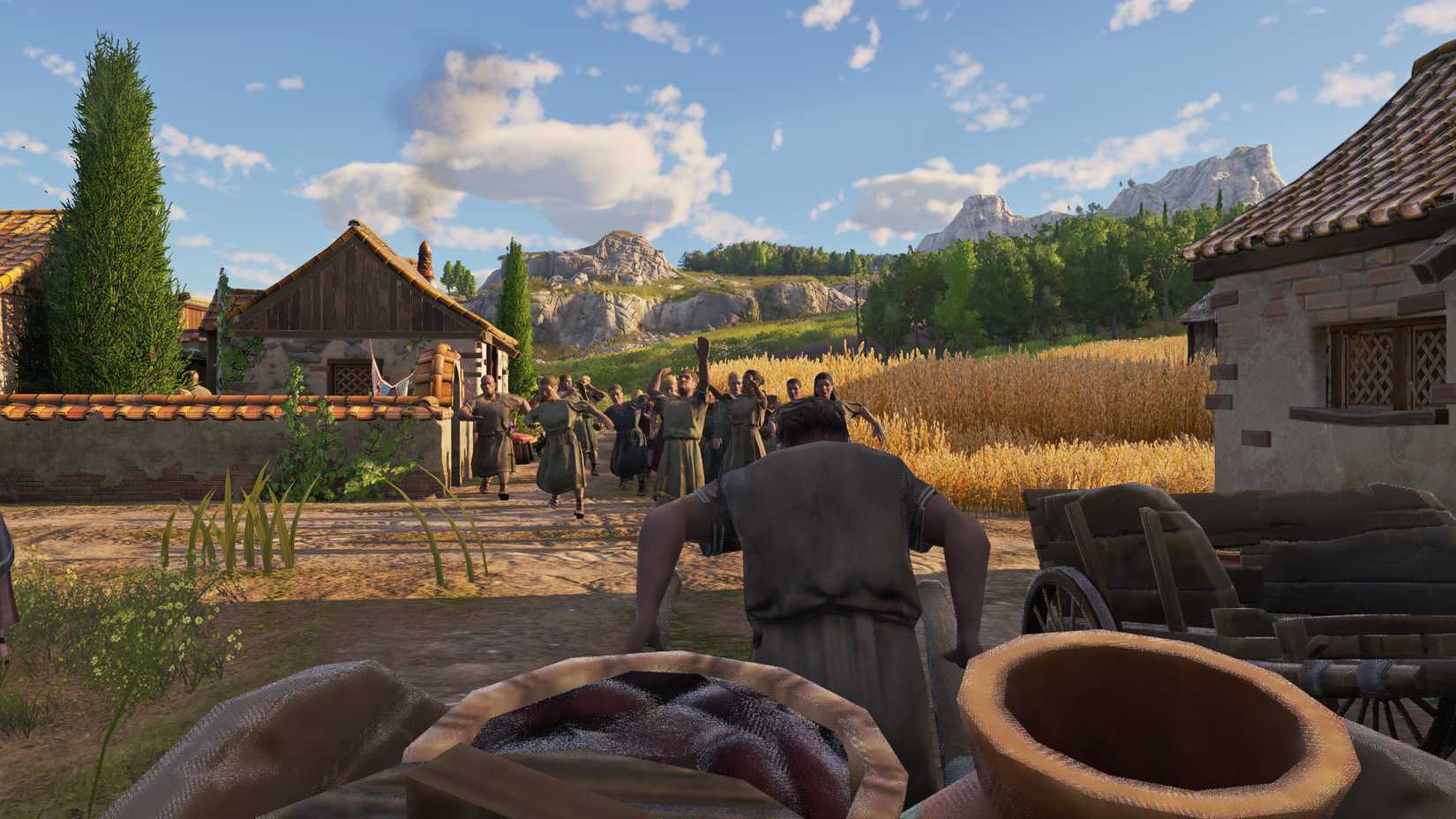 A player riding a wagon in Anno 117: Pax Romana's first-person mode.