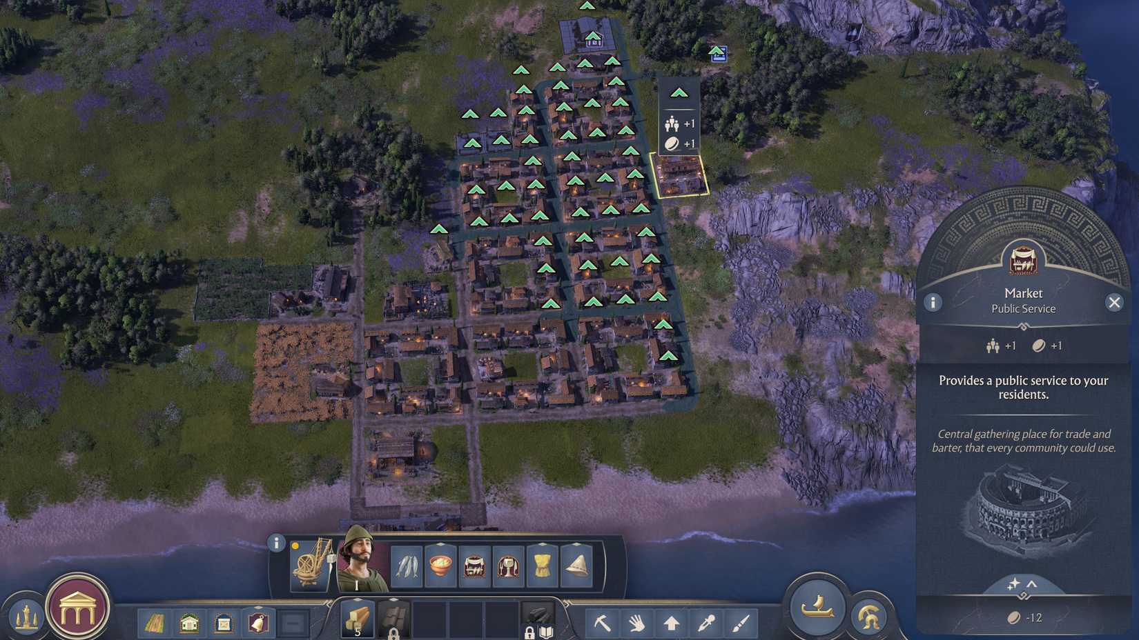 A player is placing a market to make more money in Anno 117: Pax Romana.