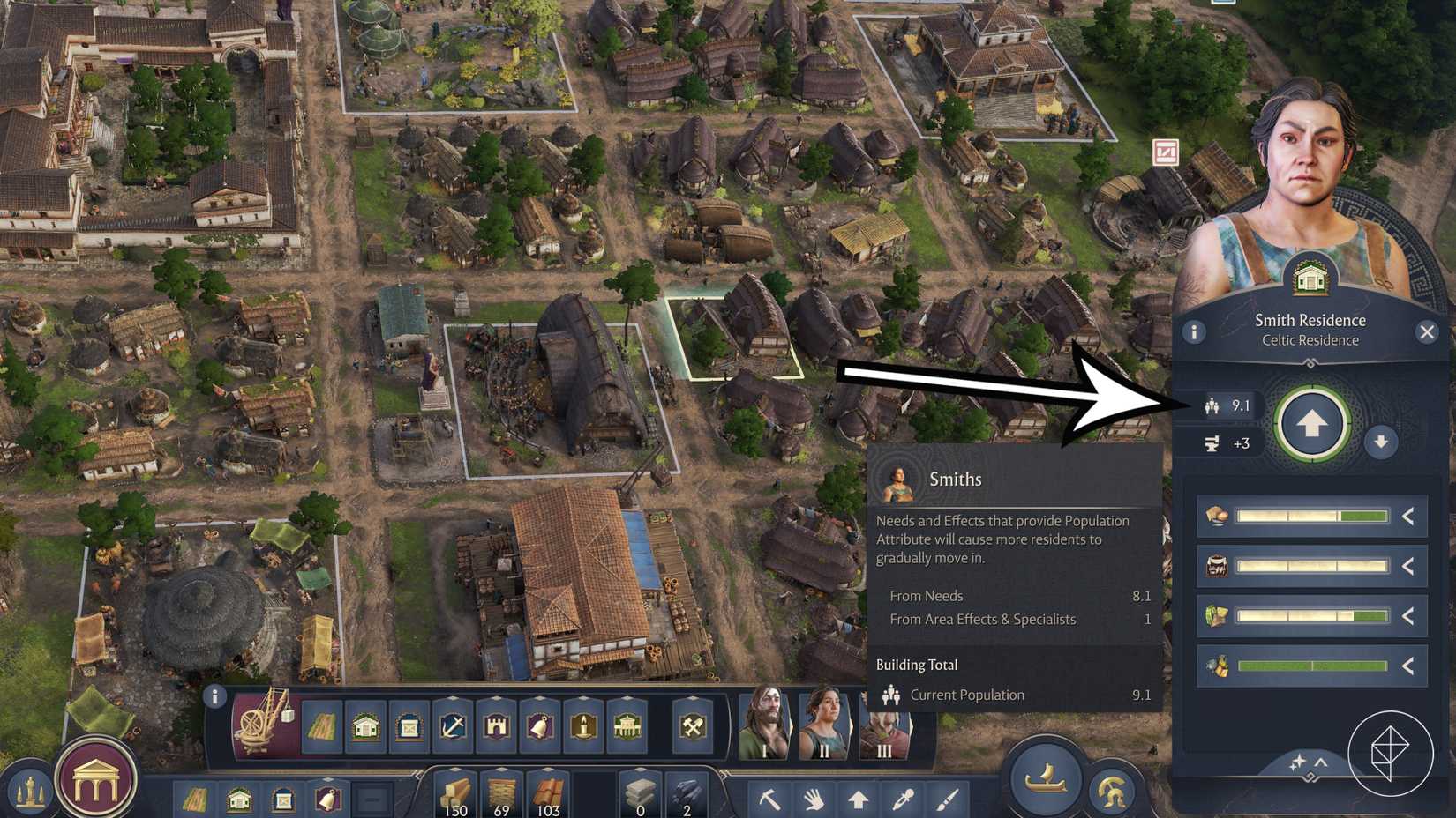 An arrow points to a residential building's current population in Anno 117: Pax Romana.
