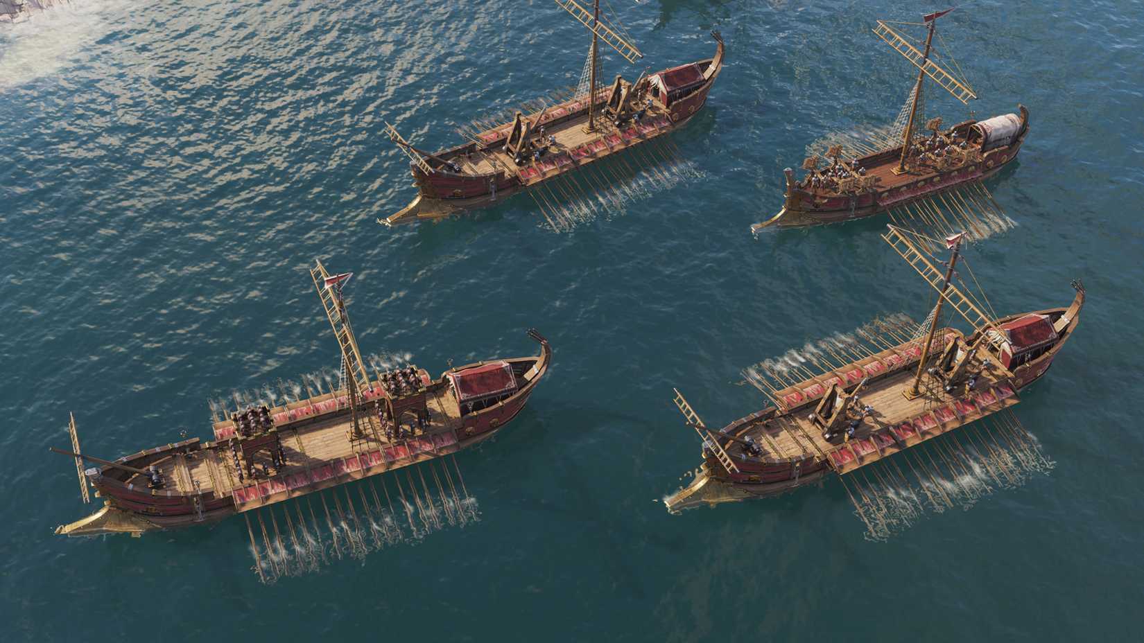 Warships sail across the sea in Anno 117: Pax Romana.