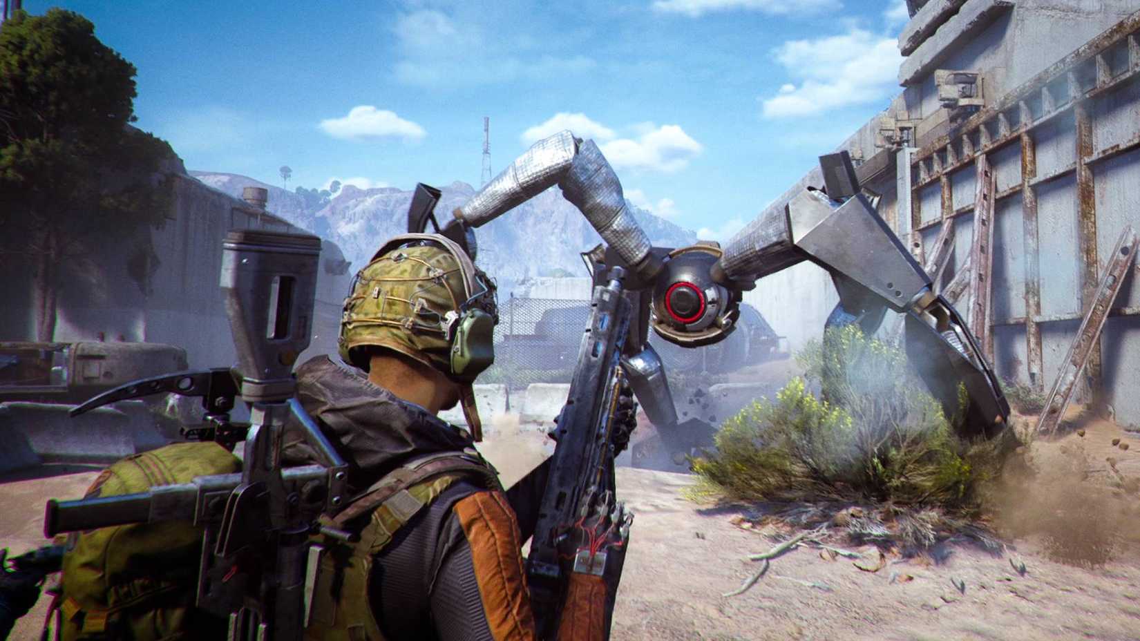 A raider with their gun equipped in Arc Raiders facing off against a Leaper.