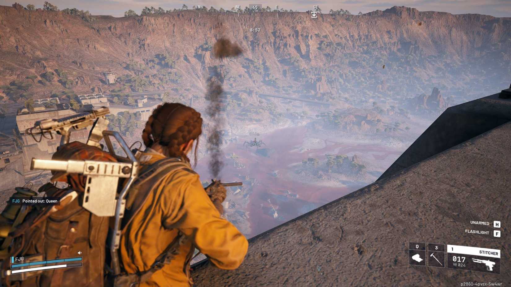 The player in Arc Raiders aiming at a Queen in the distance.