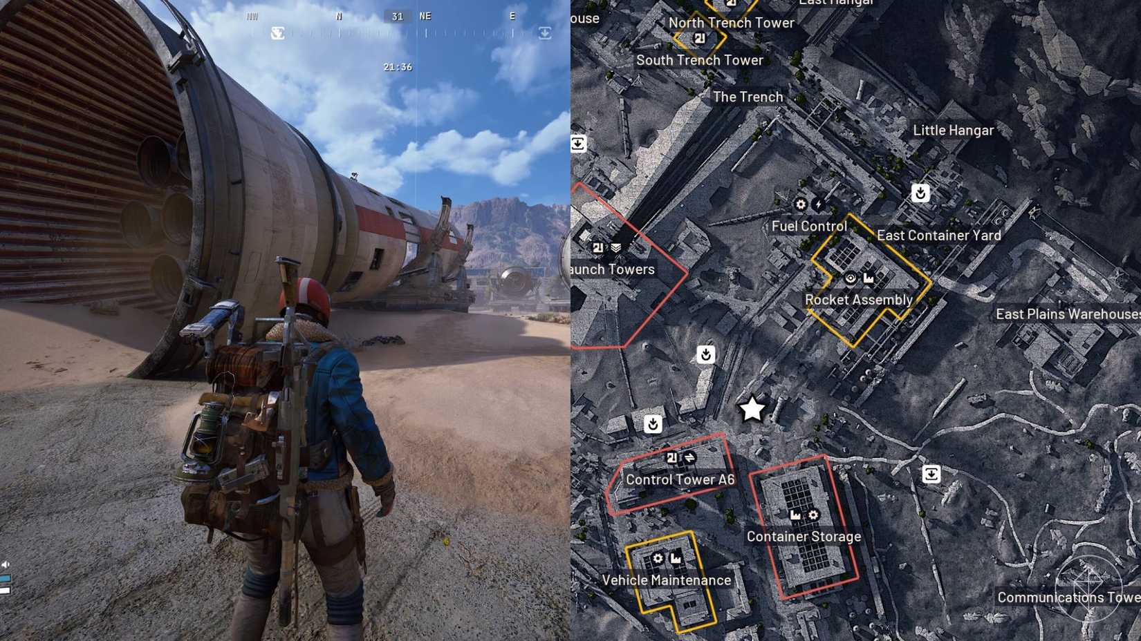 A split image showing the player character in Arc Raiders on the left, standing next to the location they must visit to complete a quest, and the location on the in-game map, marked with a star icon, on the right.