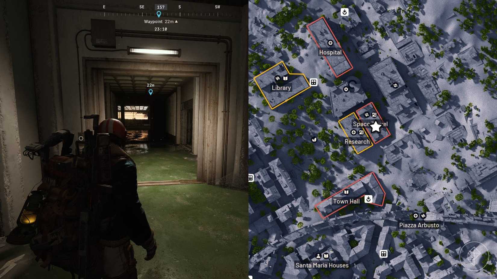 A split image showing the player character in Arc Raiders on the left, standing next to the location they must visit to complete a quest, and the location on the in-game map, marked with a star icon, on the right.