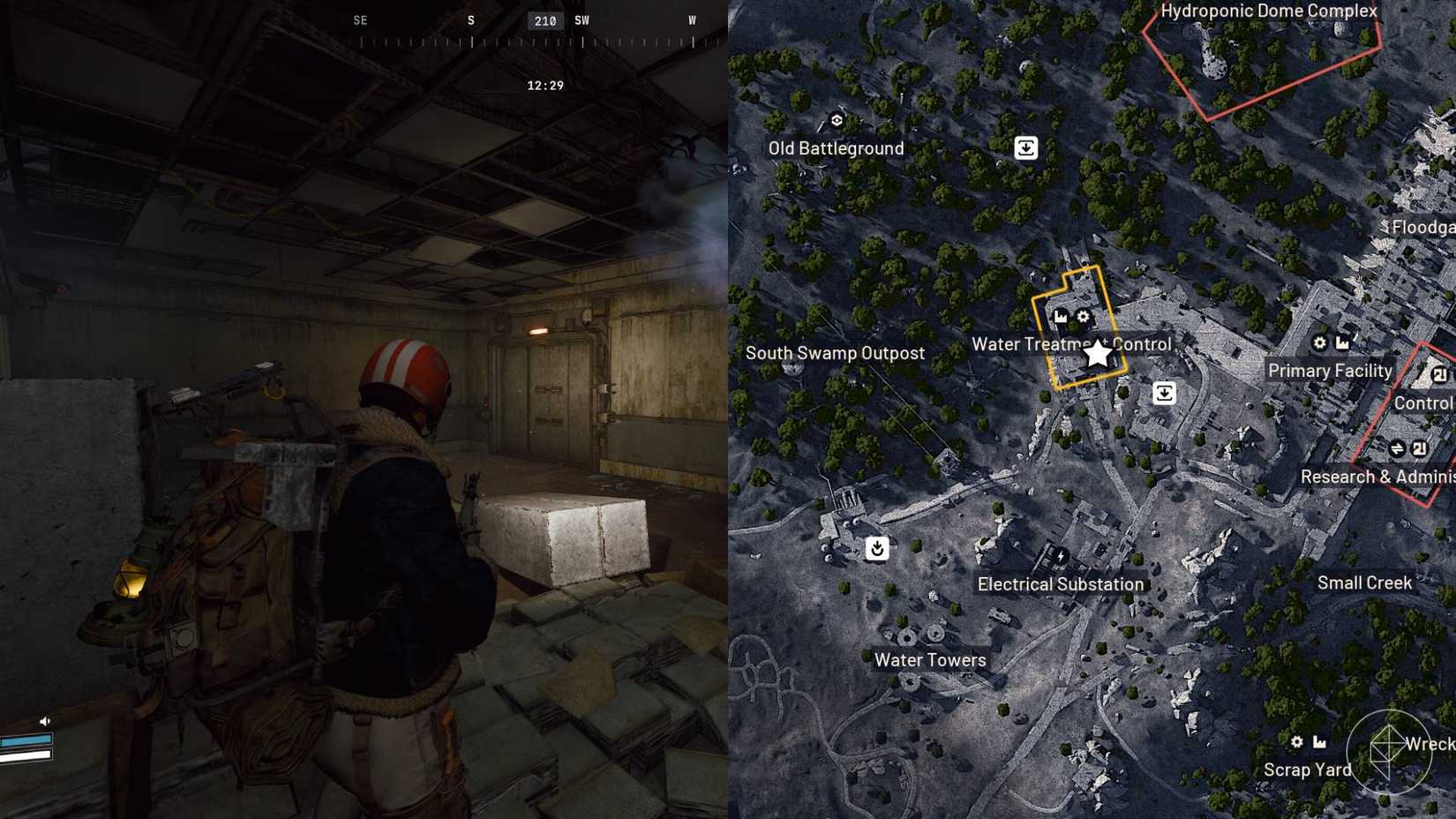 A split image showing the player character in Arc Raiders standing near the location they must visit to complete the quest on the left, and the location on the in-game map marked with a star icon on the right.