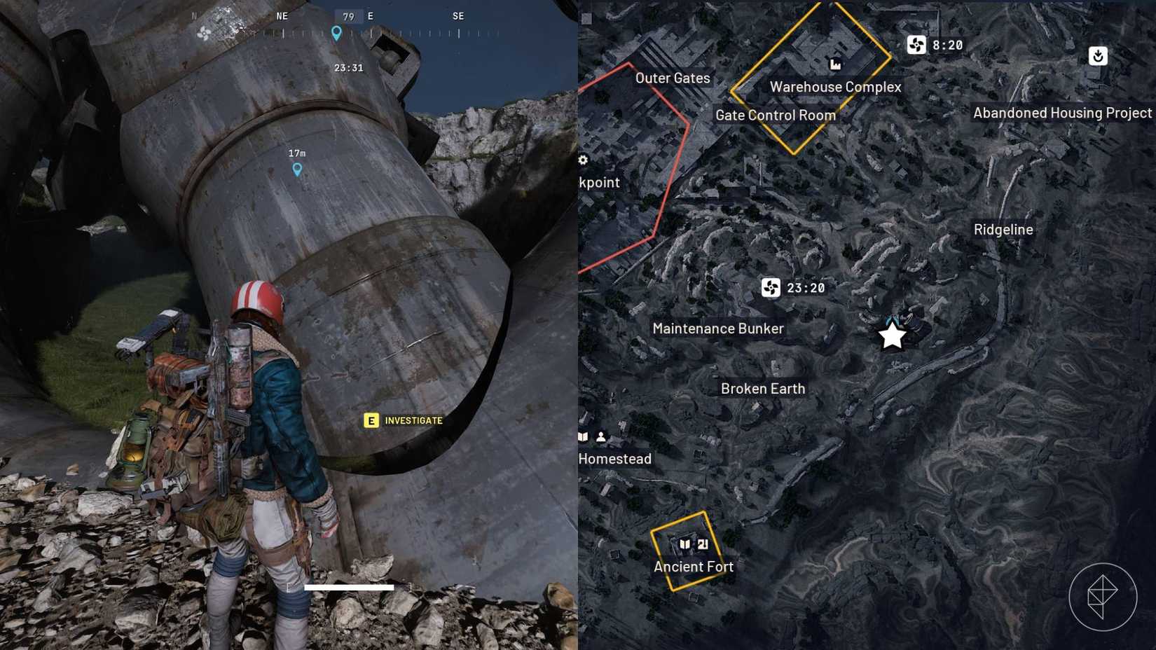 A split image with the left-hand side showing the player character in front of the objective, and the right-hand side showing the map location they must visit in Arc Raiders.