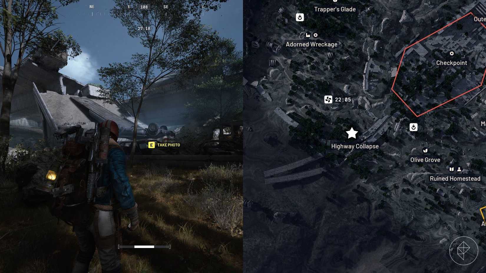 A split image with the left-hand side showing the player character in front of the objective, and the right-hand side showing the map location they must visit in Arc Raiders.