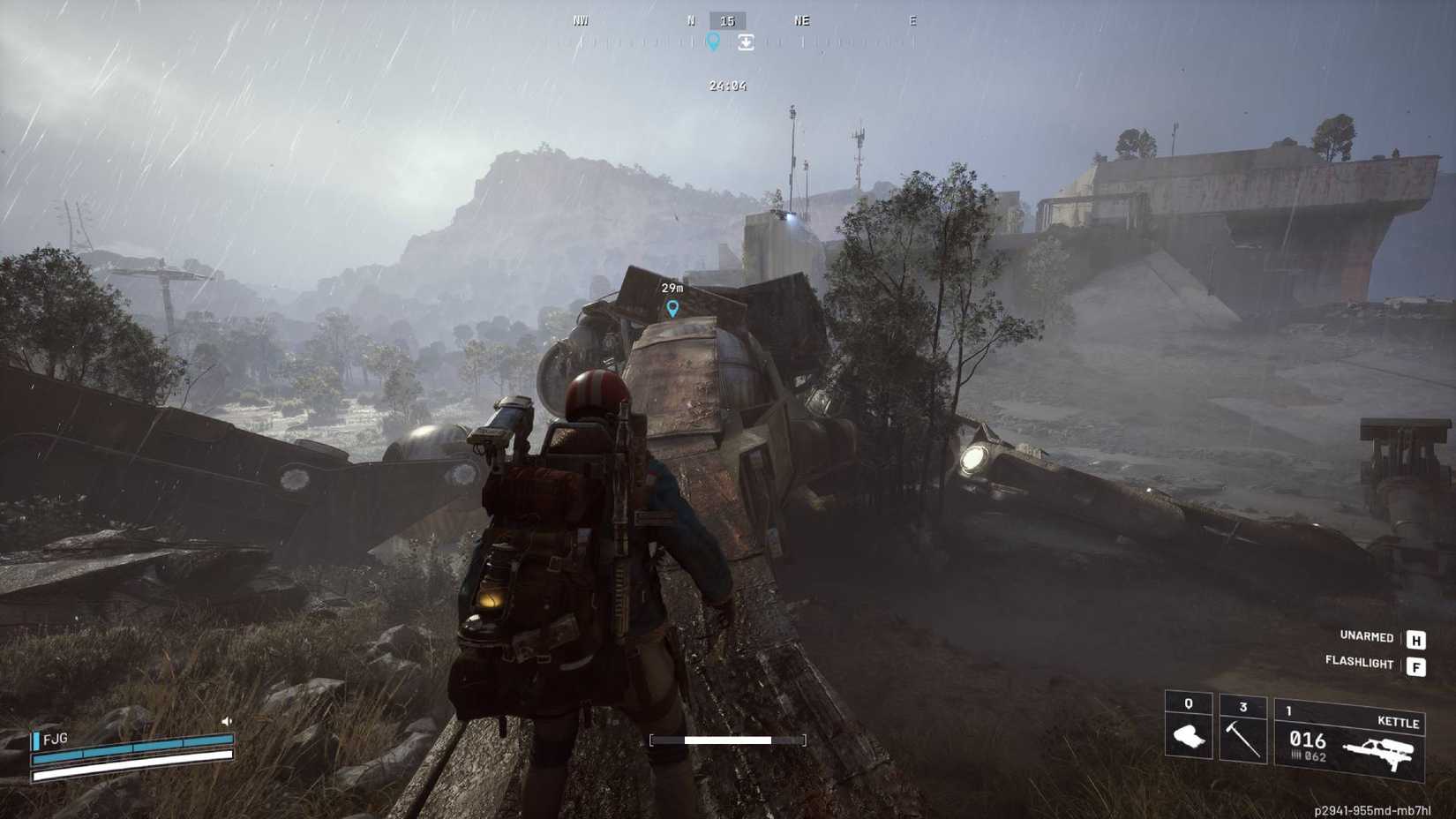 The player in Arc Raiders standing on the leg of a Baron Husk on the Dam Battlegrounds map.
