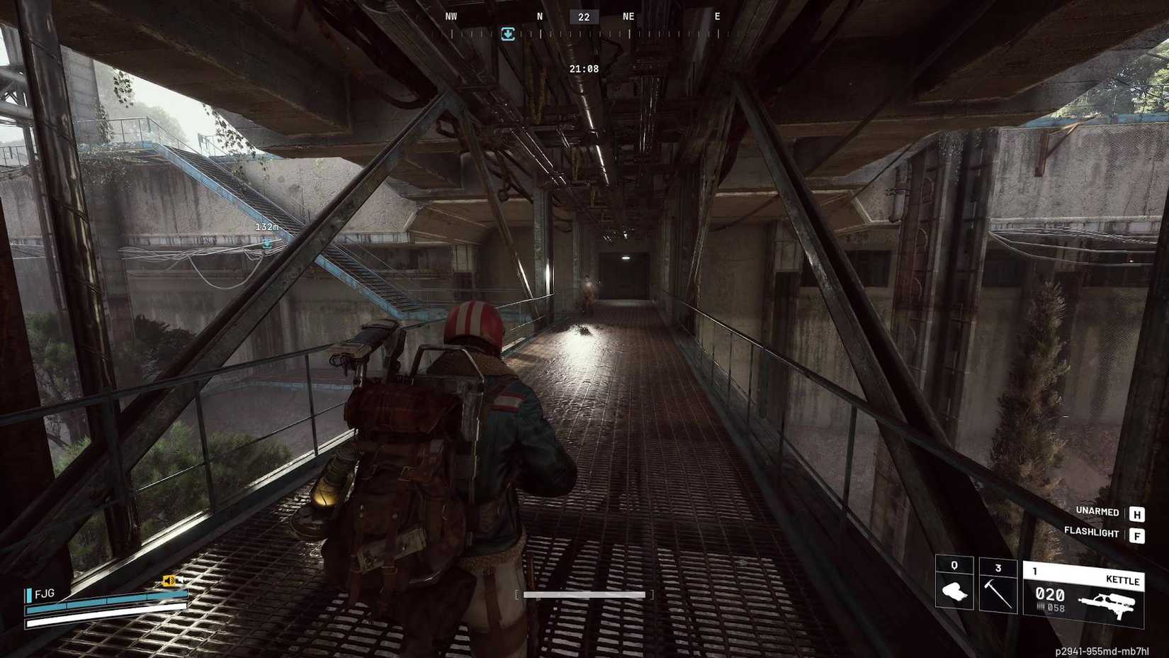 The player in Arc Raiders looking at another player shining their flashlight at the end of a metal bridge.