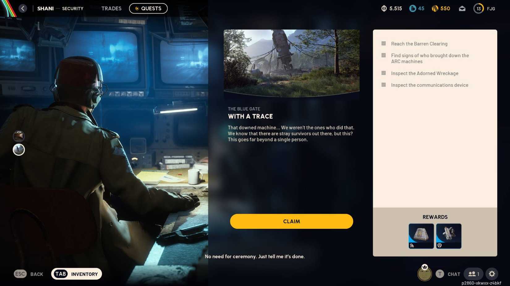 The description and rewards for the Arc Raiders 'With A Trace' quest, with Shani, one of the game's NPCs, sat at a desk on the left-hand side.