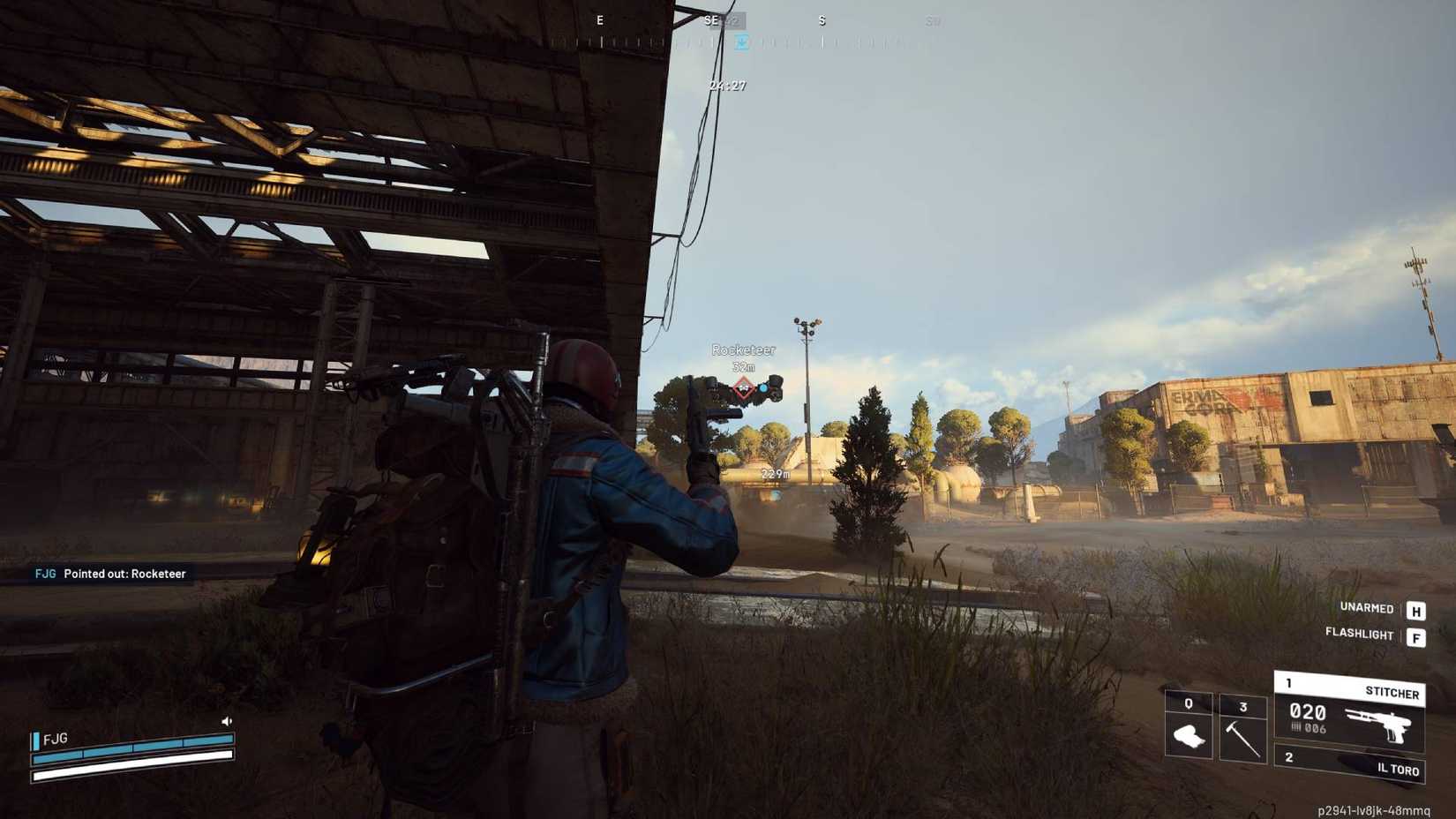 The player looking at a Rocketeer in Arc Raiders, hovering low outside of a warehouse.