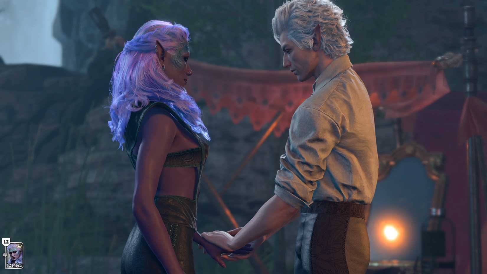 Astarion holds hands with the female player-character.