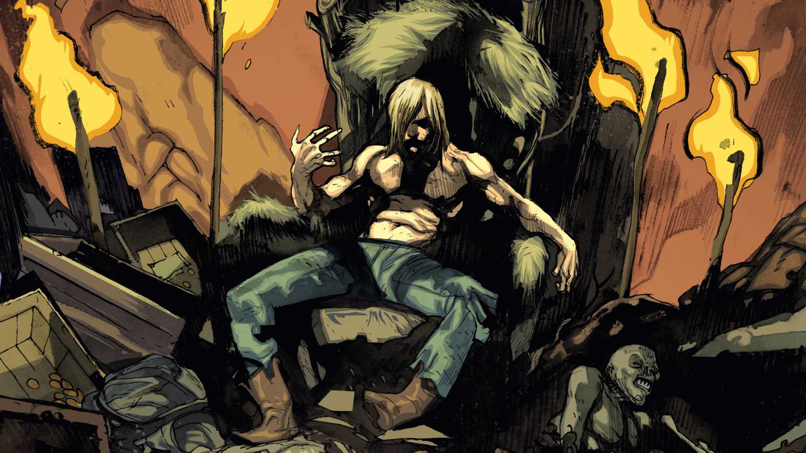 Skinner Sweet senta em um trono cercado por tochas e cadáveres em American Vampire