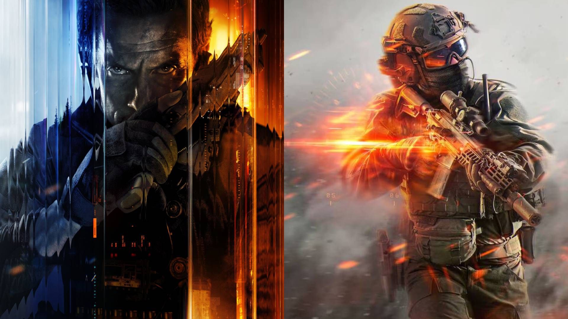 A soldier in key art for Black Ops 7 holds a gun while next to a soldier holding a gun in key art for Battlefield 6