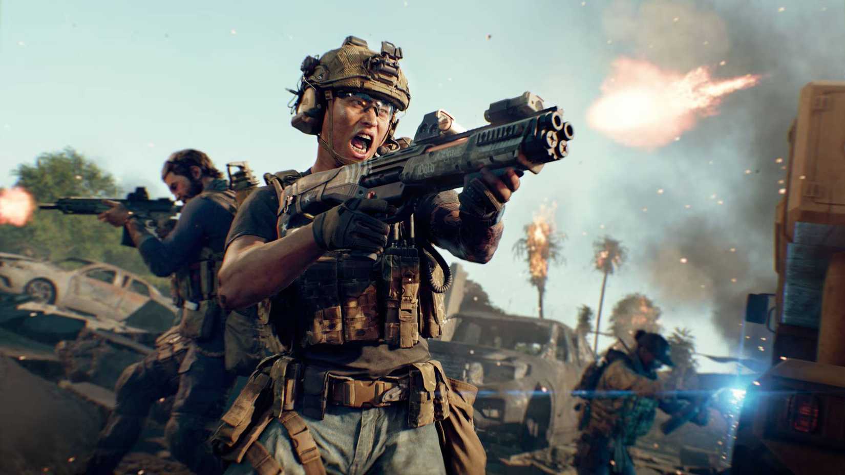 A female soldier in Battlefield 6 firing a shotgun with her mouth open and another soldier behind her firing an assault rifle.