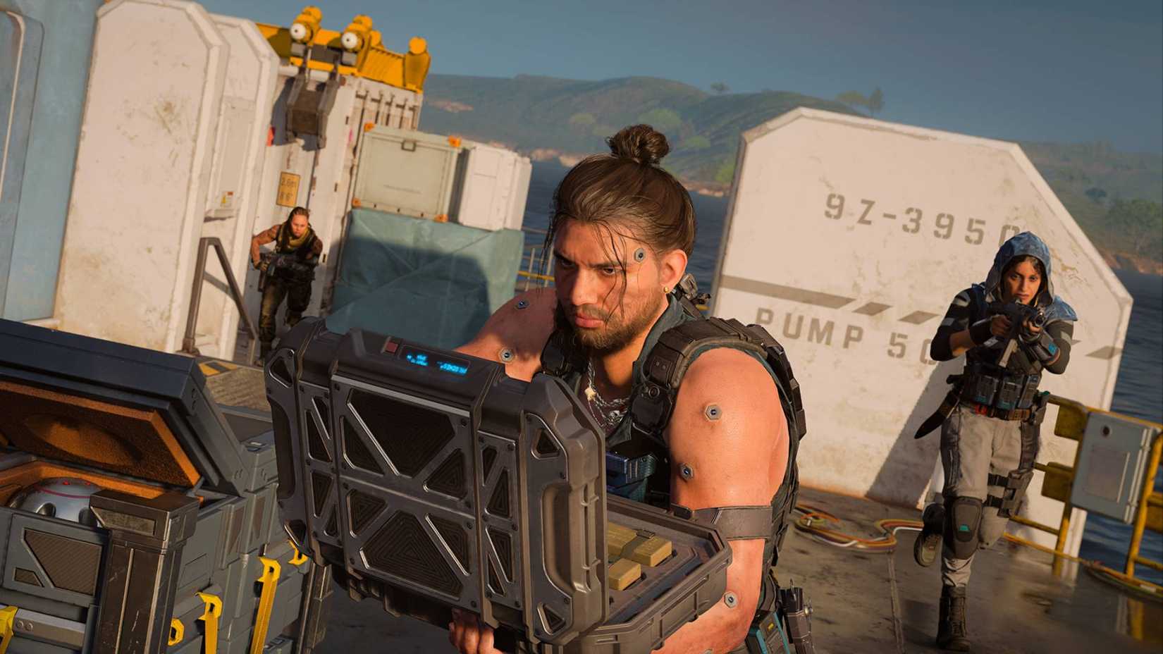 A soldier in Black Ops 7 holding an open briefcase with two more soldiers behind him running past.