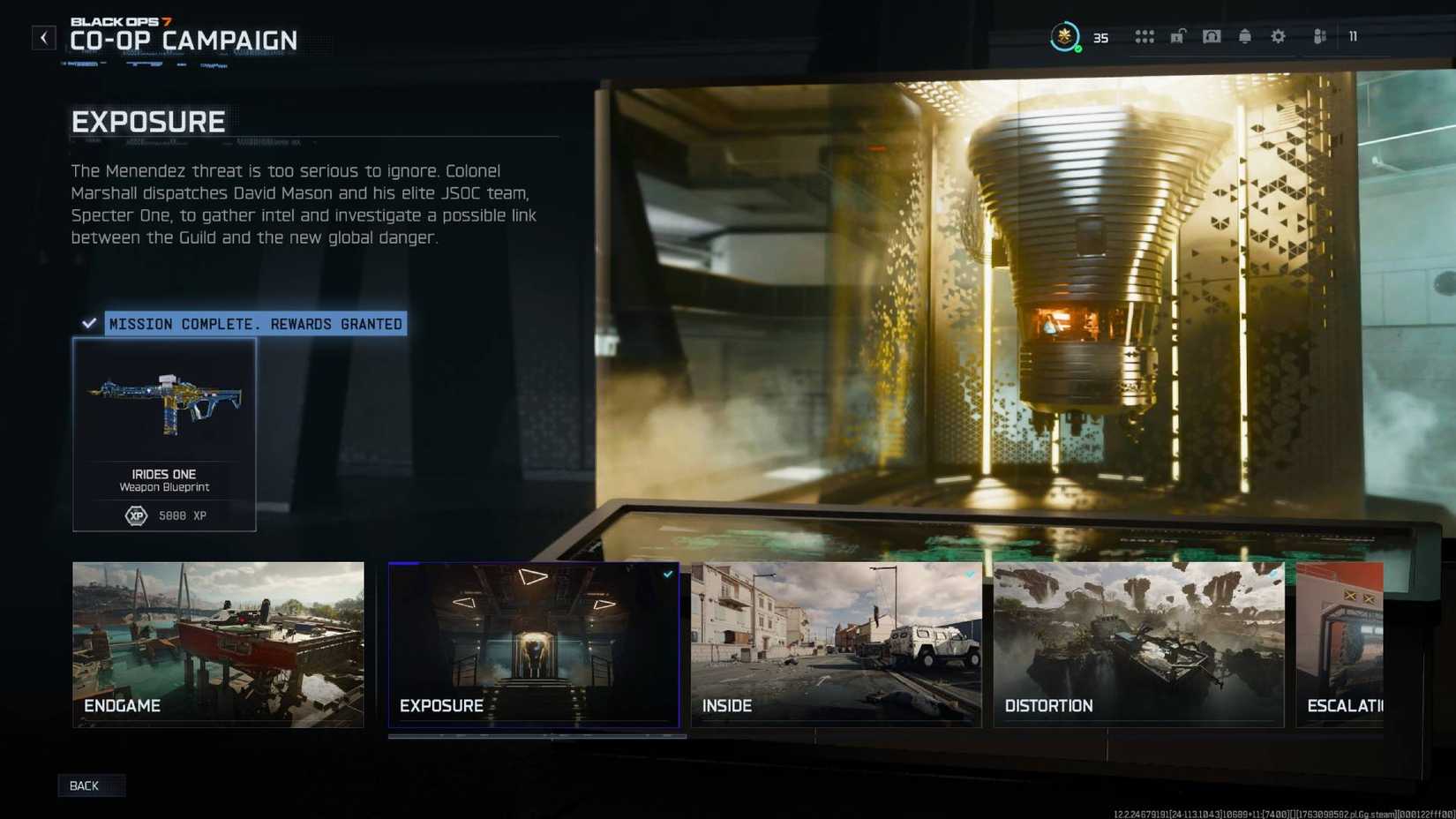 The 'Exposure' mission selected in the Black Ops 7 campaign.